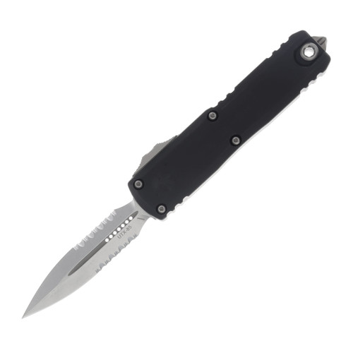 MICROTECH UTX-85 GEN IV OTF AUTO BLACK HANDLE D-E STONEWASH PART SERRATE DAGGER BLADE AUMT1232411